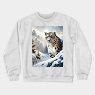 Funny A Proud Snow Leopard Went Hunting, in the Snowy forest, Hight Mountains, Snow Falling, Winter Landscape, Wildlife White Panthera, Watercolor Crewneck Sweatshirt